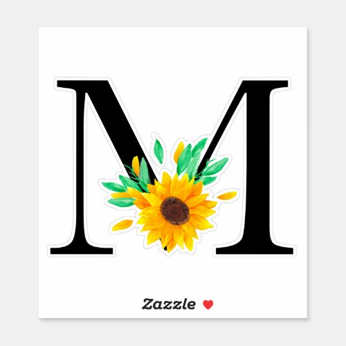 Modern sunflower floral watercolor letter monogram sticker