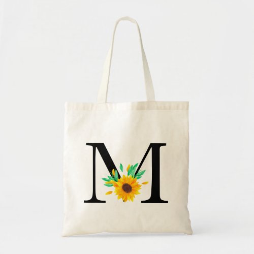 Modern sunflower floral watercolor letter monogram tote bag