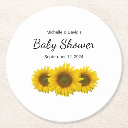 Modern Sunflower Gender Neutral Baby Shower  Round Paper Coaster