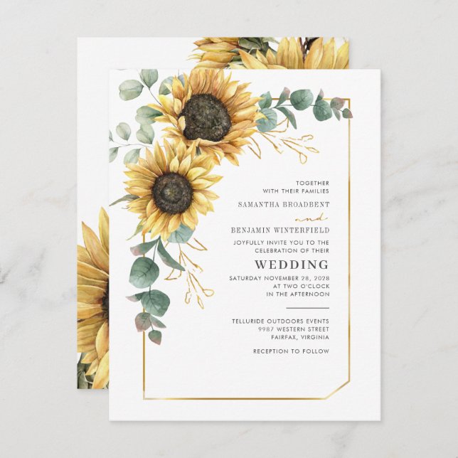 Modern Sunflower Geometric Eucalyptus Wedding Invitation (Front/Back)