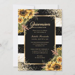 Modern Sunflower Gold Black White Quinceañera Invitation