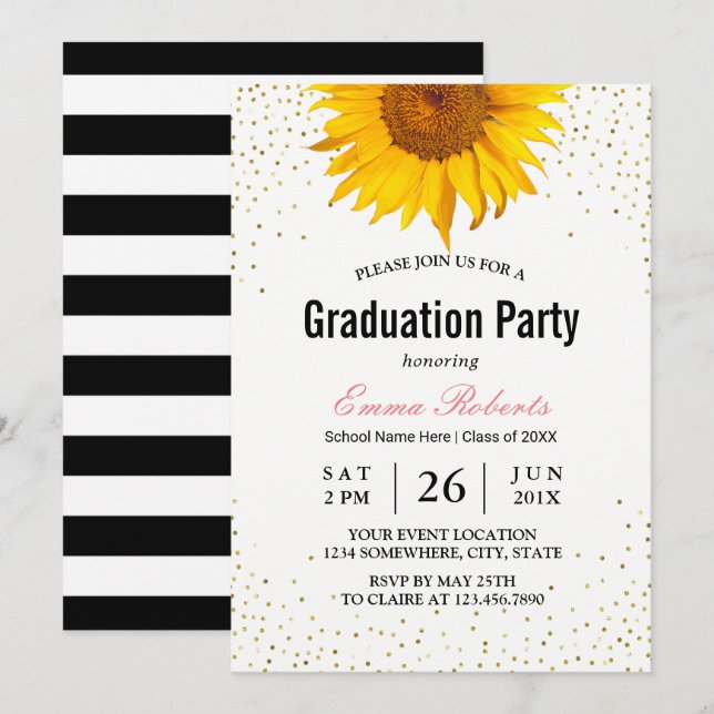 Modern Sunflower Gold Confetti Dots Graduation Invitation (Front/Back)