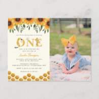 Modern Sunflower Honeycomb First Bee-day Photo Invitation Postcard