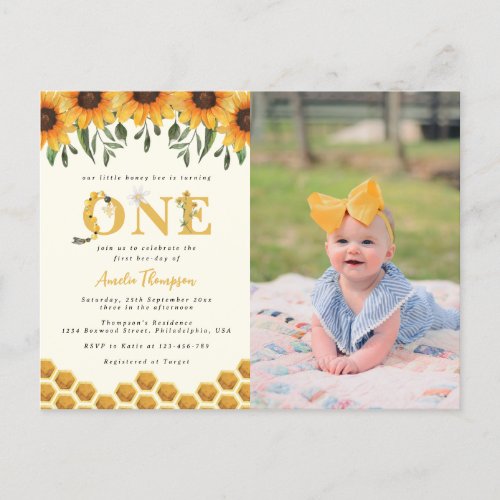 Modern Sunflower Honeycomb First Bee_day Photo Invitation Postcard