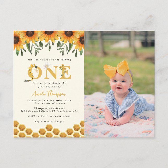 Modern Sunflower Honeycomb First Bee-day Photo Invitation Postcard (Front)