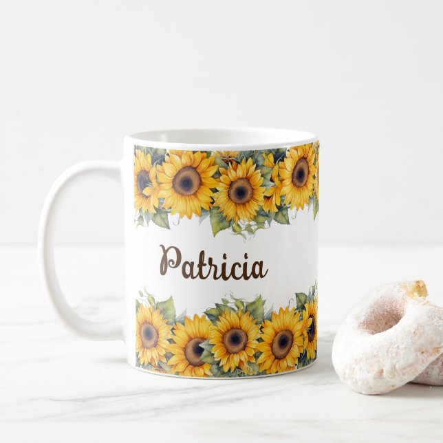 Modern Sunflower Mug | Bright Yellow Flowers (With Donut)