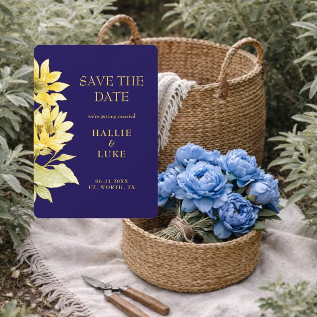 Modern Sunflower Navy Wedding Save the Date Invitation (Creator Uploaded)