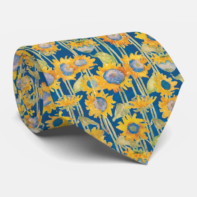 Modern Sunflower on Blue Floral Pattern Neck Tie (Rolled)