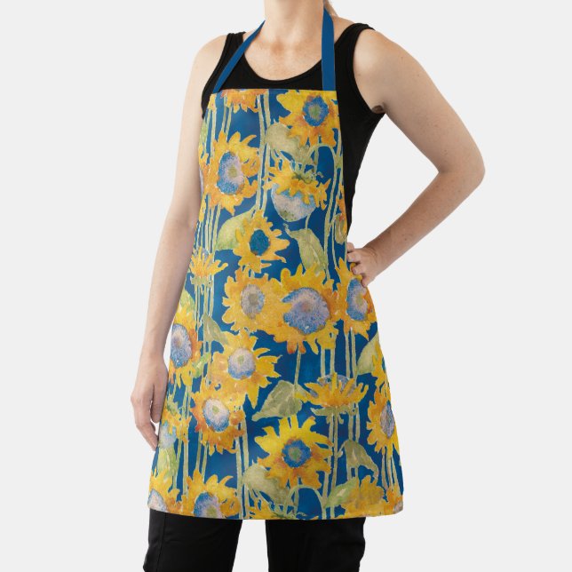Modern Sunflower on Blue Watercolor Floral Pattern Apron (Insitu)