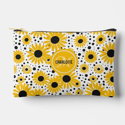 Modern sunflower pattern monogram name accessory pouch