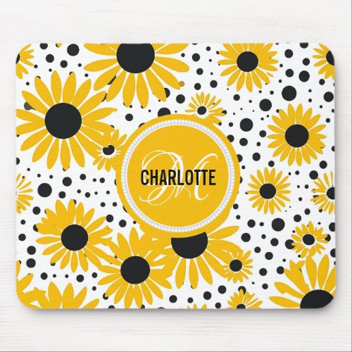 Modern sunflower pattern monogrammed name mouse pad