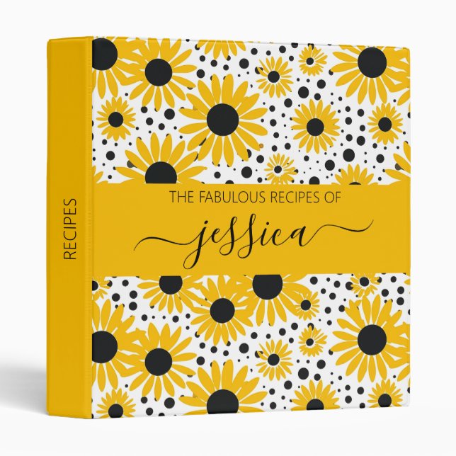 Modern sunflower pattern script name Recipe 3 Ring Binder (Front/Spine)