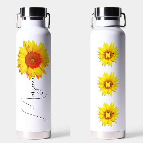 Modern Sunflower | Personalised Name &amp; Monogram  Water Bottle