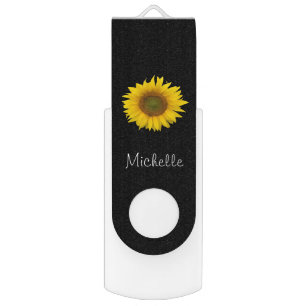 Modern Sunflower Personalized Black White Flash Drive