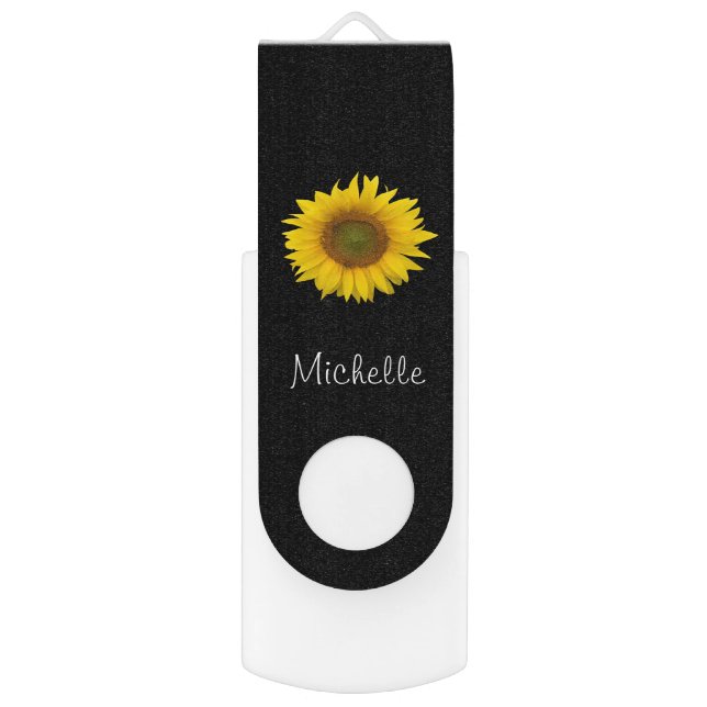 Modern Sunflower Personalized Black White Flash Drive (Front Vertical)