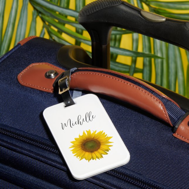 Modern Sunflower Personalized Elegant Script  Luggage Tag (Front Insitu 1)