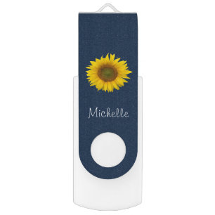 Modern Sunflower Personalized Navy Blue Flash Drive