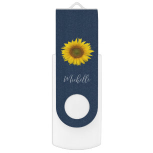 Modern Sunflower Personalized Navy Blue Flash Drive
