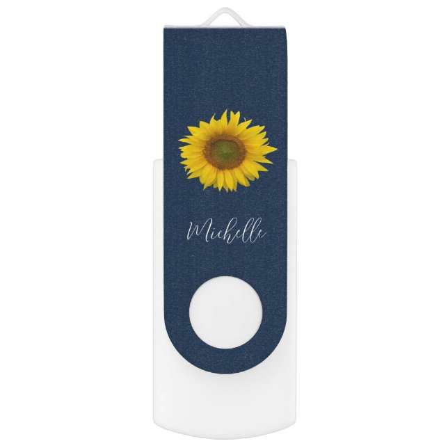 Modern Sunflower Personalized Navy Blue Flash Drive (Front Vertical)