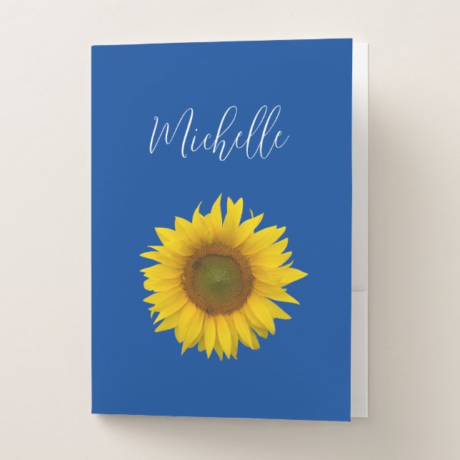 Modern Sunflower Personalized Script Blue  Pocket Folder (Front)