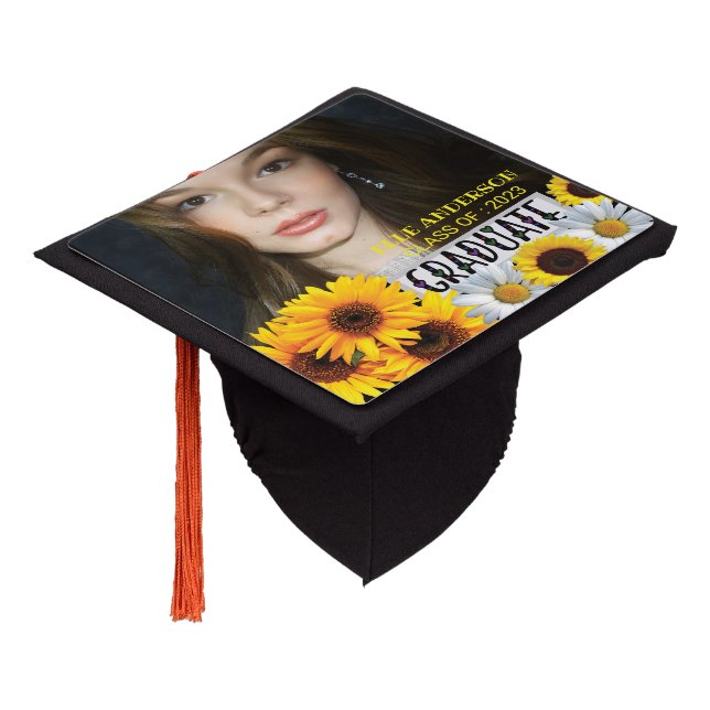 Modern Sunflower Photo  Graduation Cap Topper (Angled)