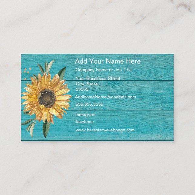 Modern Sunflower Teal Blue Wood Business Card (Back)