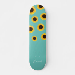 Modern Sunflower Teal Personalized Skateboard