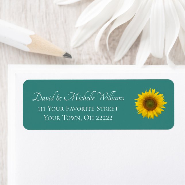 Modern Sunflower Trendy Teal Floral Return Address Label (Insitu)