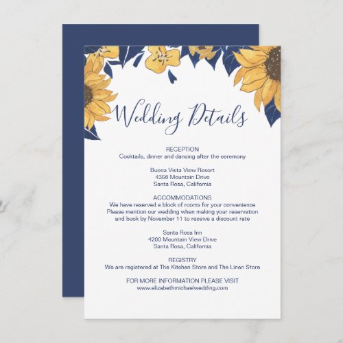 Modern Sunflower Watercolor Blue Wedding Details Enclosure Card