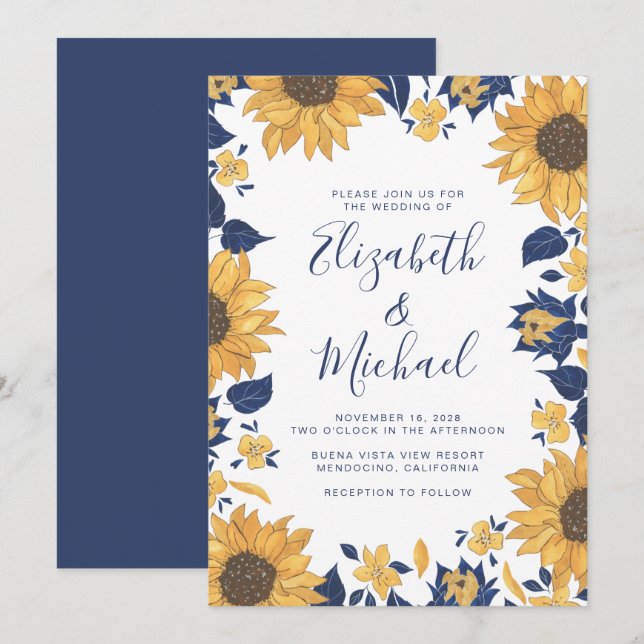 Modern Sunflower Watercolor Blue Wedding Invitation (Front/Back)