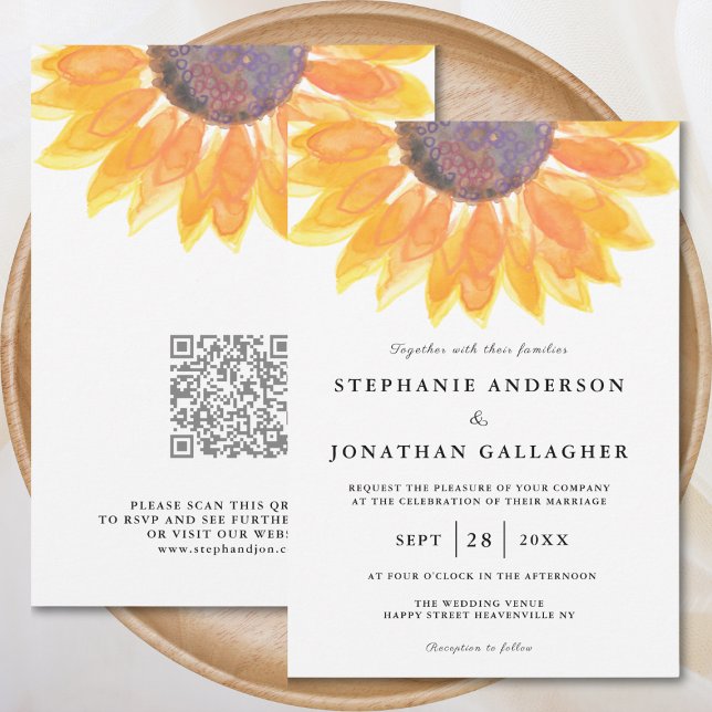 Modern Sunflower Watercolor QR Code Wedding  Invitation (Creator Uploaded)