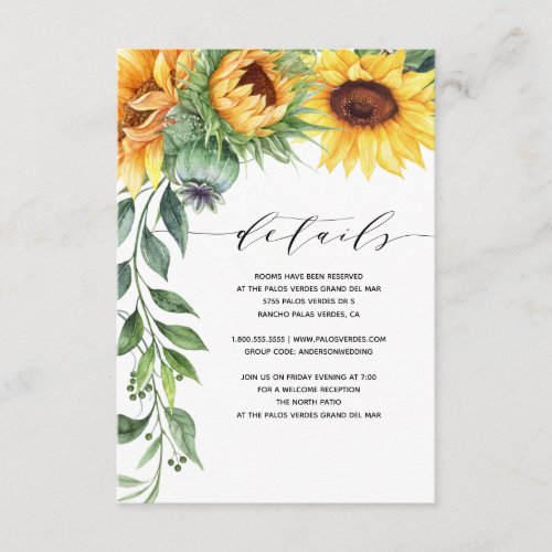 Modern Sunflower Watercolor Wedding Details Enclosure Card - Are you using sunflowers in your bouquet or in your centerpiece decorations? Then you will love these modern watercolor sunflower wedding detail cards! The card features a watercolor sunflower cascade on the left and a modern font layout with hand-lettering. These are great for your country weddings, fall weddings, rustic weddings, and anyone who absolutely loves sunflowers.