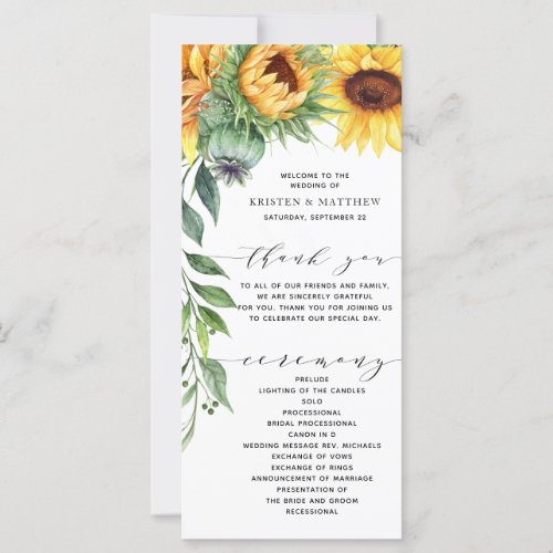 Modern Sunflower Watercolor Wedding Program - Are you using sunflowers in your bouquet or in your centerpiece decorations? Then you will love these modern watercolor sunflower wedding programs! The card features a watercolor sunflower cascade on the left and a modern font layout with hand-lettering. These are great for your country weddings, fall weddings, rustic weddings, and anyone who absolutely loves sunflowers.