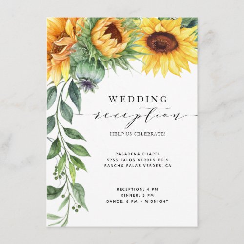 Modern Sunflower Watercolor Wedding Reception Enclosure Card - Are you using sunflowers in your bouquet or in your centerpiece decorations? Then you will love these modern watercolor sunflower wedding reception cards! The card features a watercolor sunflower cascade on the left and a modern font layout with hand-lettering. These are great for your country weddings, fall weddings, rustic weddings, and anyone who absolutely loves sunflowers.