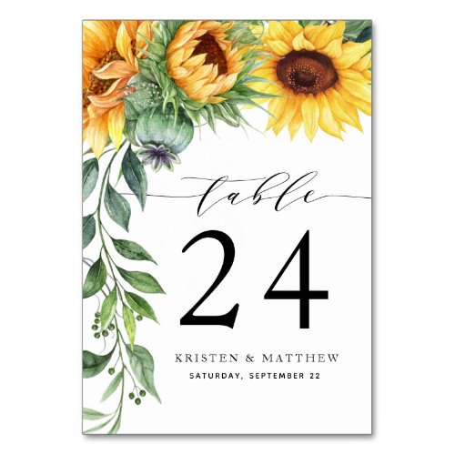 Modern Sunflower Watercolor Wedding Table Number - Are you using sunflowers in your bouquet or in your centerpiece decorations? Then you will love these modern watercolor sunflower wedding table number cards! The card features a watercolor sunflower cascade on the left and a modern font layout with hand-lettering. These are great for your country weddings, fall weddings, rustic weddings, and anyone who absolutely loves sunflowers.