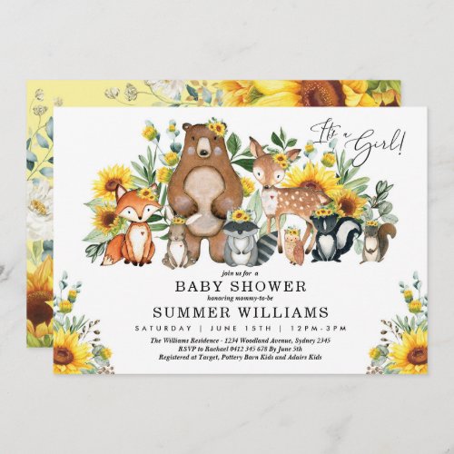 Modern Sunflower Woodland Animals Girl Baby Shower Invitation