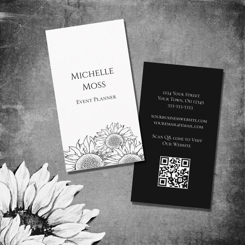Modern Sunflowers Black White QR code Boho Business Card