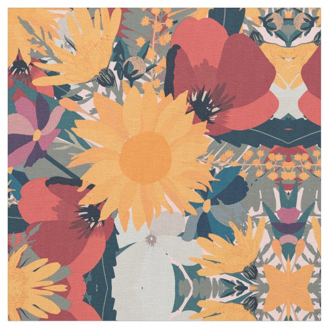 Modern Sunflowers Floral Autumn Colors Design Fabric (Close Up)