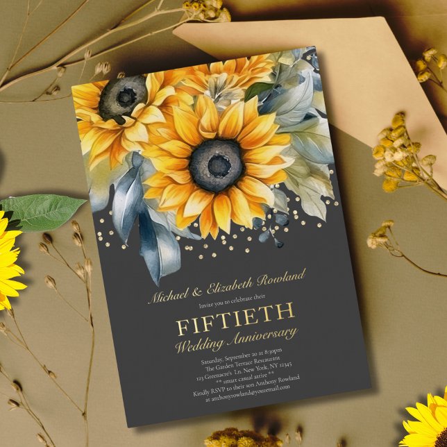 Modern Sunflowers Gold 50th Wedding Anniversary Foil Invitation (Creator Uploaded)