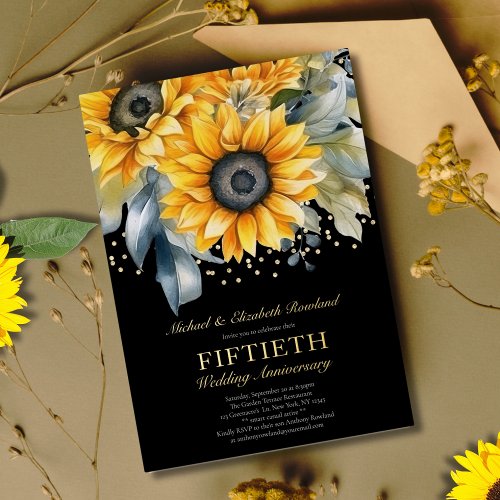 Modern Sunflowers Gold 50th Wedding Anniversary Foil Invitation