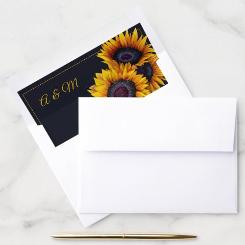 Modern Sunflowers Gold Navy Monogram Wedding Envelope Liner