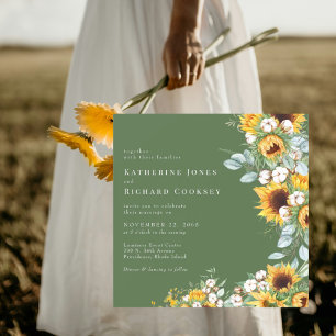 Modern Sunflowers Green Square No Parents Wedding Invitation