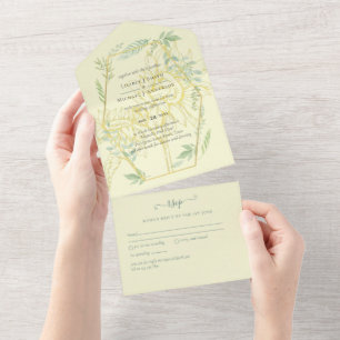 Modern Sunflowers Greenery Sage Gold Wedding All In One Invitation