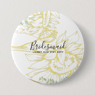 Modern Sunflowers Greenery Sage Gold Wedding Button