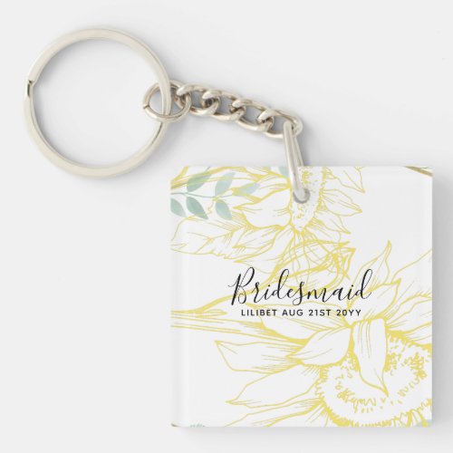 Modern Sunflowers Greenery Sage Gold Wedding Keychain