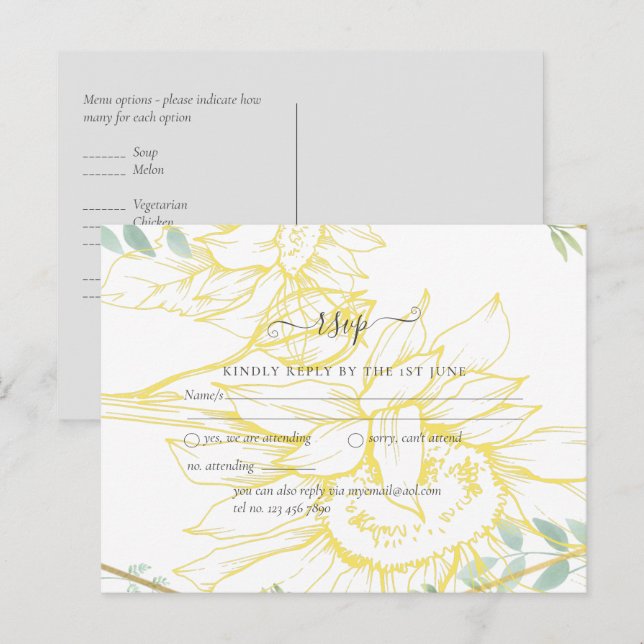 Modern Sunflowers Greenery Sage Gold Wedding Postcard (Front/Back)