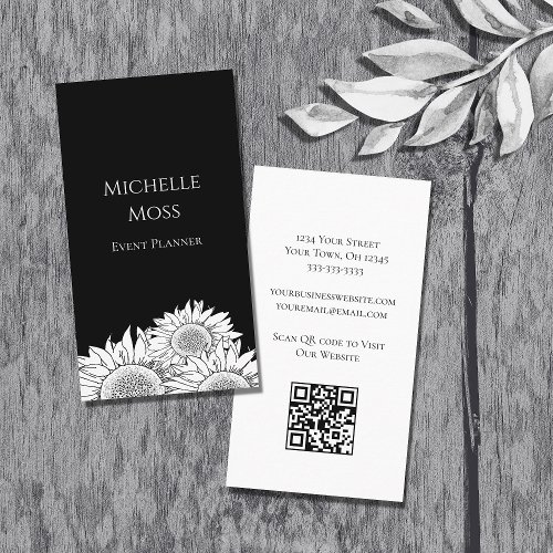 Modern Sunflowers QR code Black White Boho Business Card