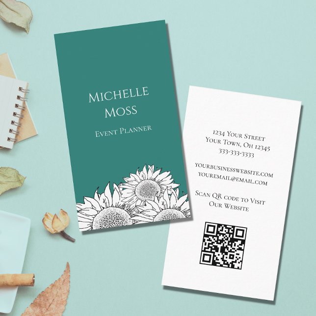 Modern Sunflowers QR code Trendy Teal Green Business Card (Creator Uploaded)