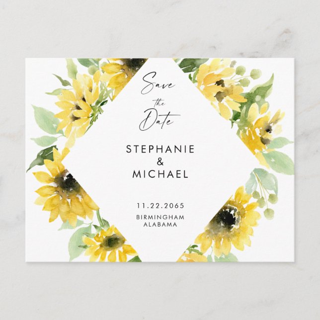 Modern Sunflowers Spray Wedding Save the Date Anno Announcement Postcard (Front)