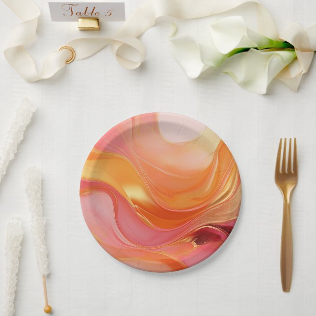 Modern Sunrise Orange Pink and Gold- Paper Plates (Wedding)